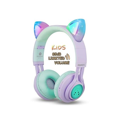 Riwbox CT-7S Auriculares Bluetooth con orejas de gato para niños, limitación de