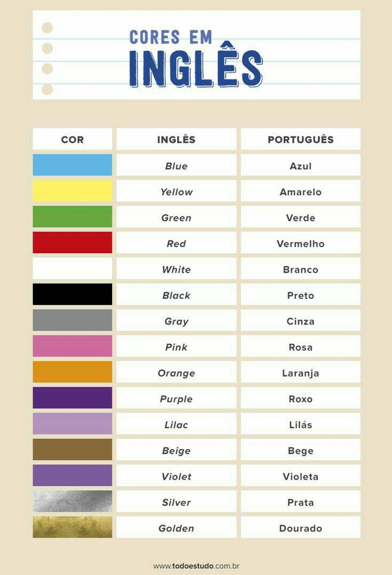 Moda Cores em inglês 