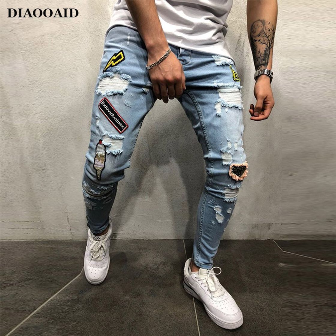 Fashion Calça jeans masculina bordada