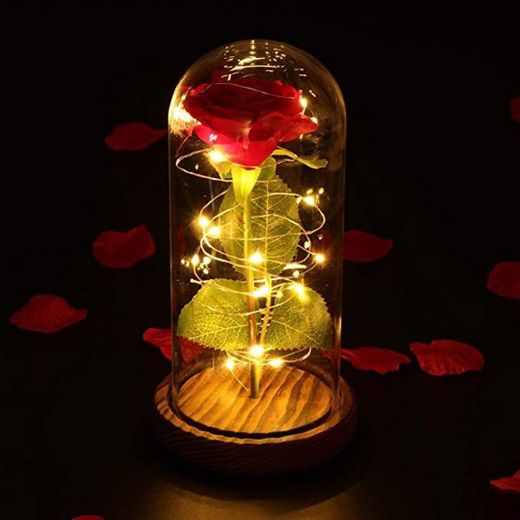 LEDMOMO Rosa de seda roja y luz LED con pétalos caídos en