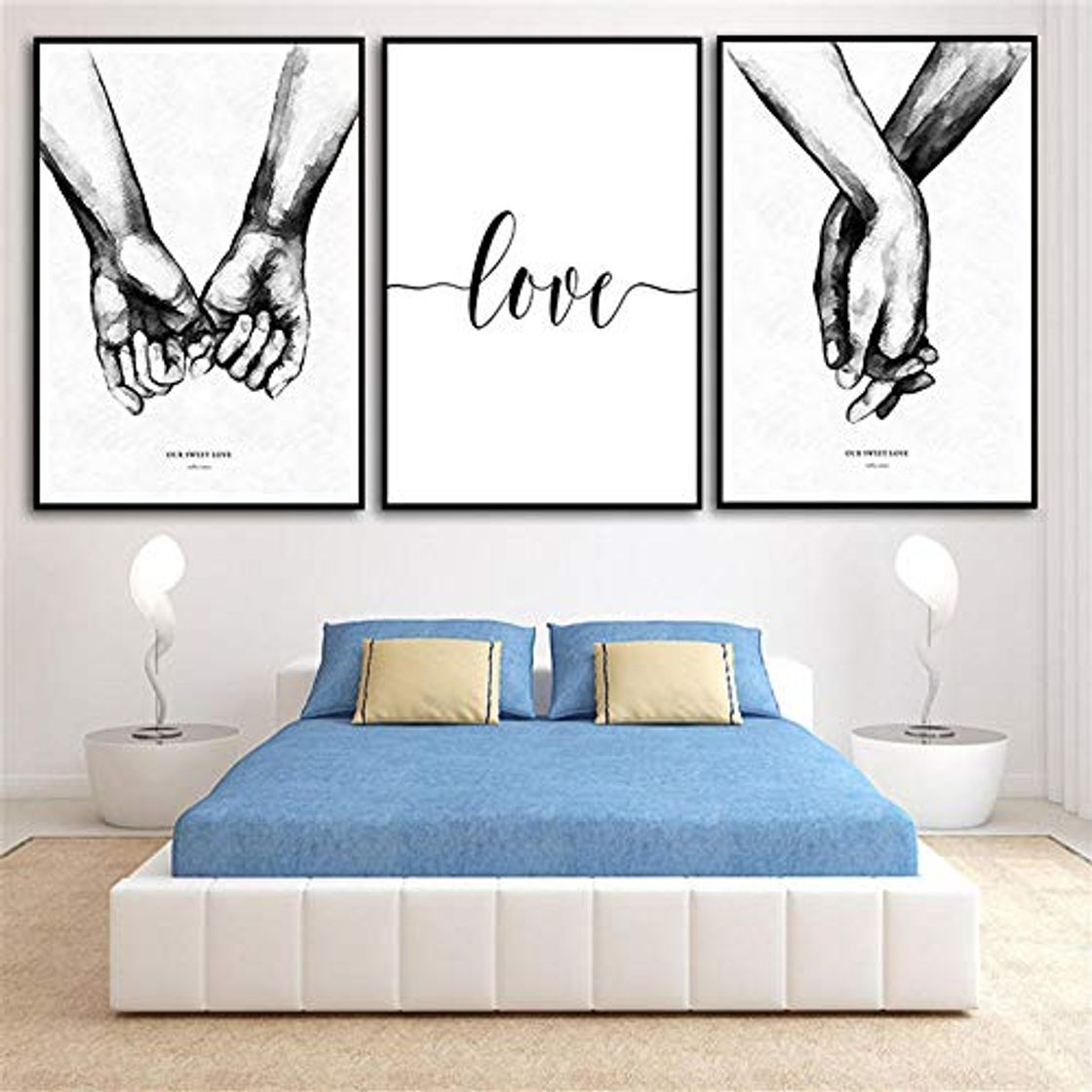 Social Tomados de la Mano Love Quote Canvas Poster Prints Painting Abstract Line Heart Picture3 Piece Nordic Decoration for Girl'S Bedroom Decal Sin Marco 40 * 60cm*3