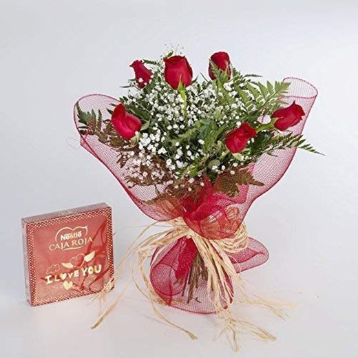 Ramo de 6 rosas rojas naturales y bombones FLORES FRESCAS-ENTREGA EN 24