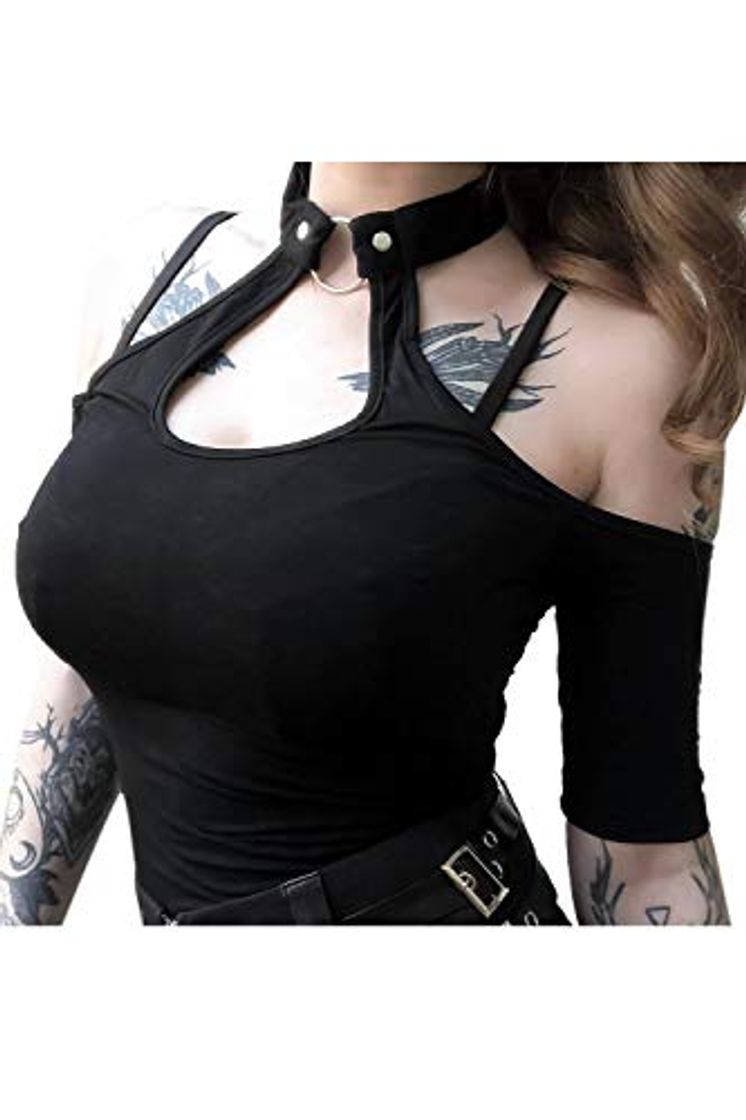 Producto Camiseta De Mujer Tops Steampunk Punk Góticos Gargantilla Halter Manga Corta Fuera del Hombro Negro M