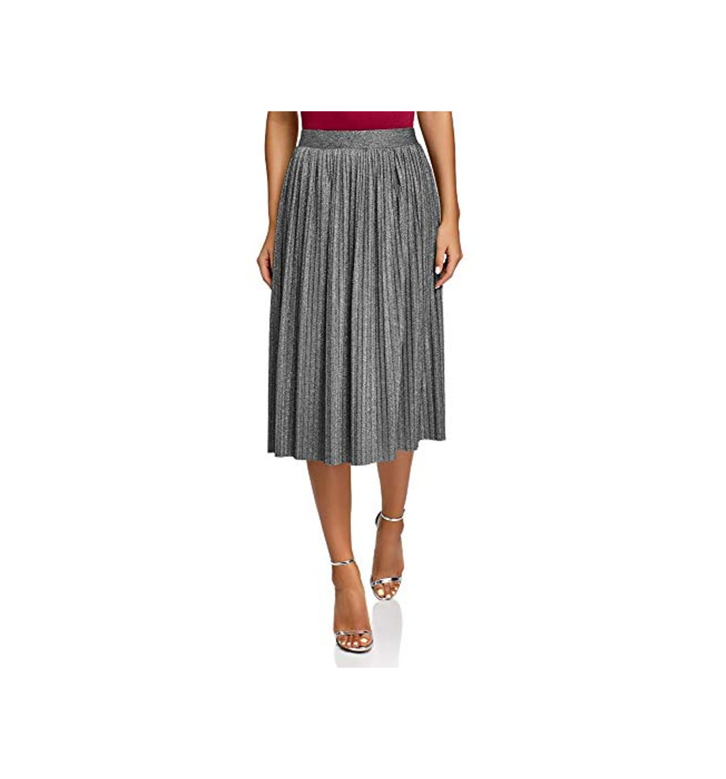 Fashion oodji Collection Mujer Falda Midi Plisada con Lúrex, Plateado, ES 44