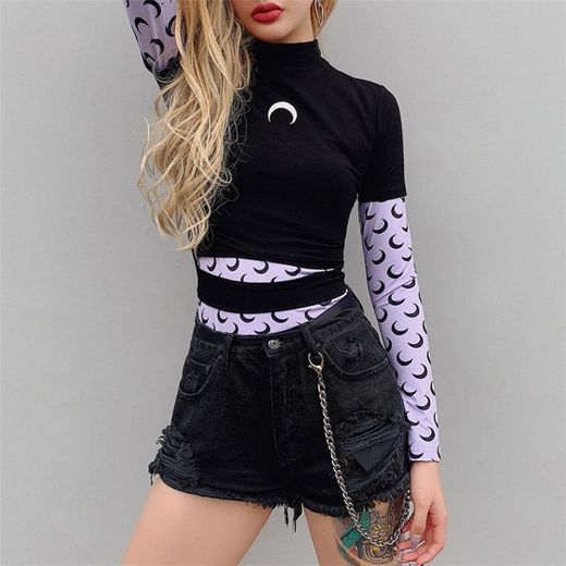 Witch Moon Shirt Women Gothic T-Shirts Chill Crescent Embroi