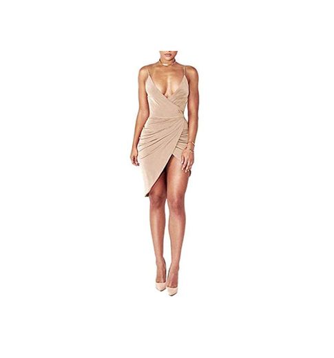 DRESHOW Women's Sexy Deep V Neck Sleeveless Spaghetti Strap Bodycon Wrap Dress Front Slit Bandage Midi Club Dress