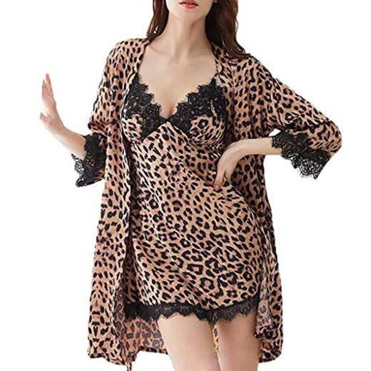 RISTHY Conjunto de Pijama de Encaje de Leopardo para Mujer Trim Kimono Robe and Chemise Nightgown PJ Set Ropa de Dormir Ropa de Dormir