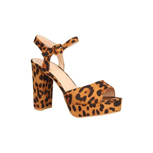 Elara Zapato de Tacón Alto Mujer Sandalia Peep Toe Chunkyrayan Leopardo AT0983