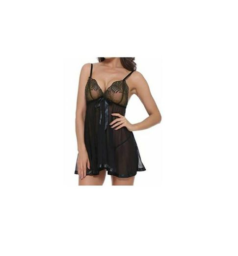 UUANG Women's Erotic Sexy Nightgown Translucent Elastic Floral Lace with Thong