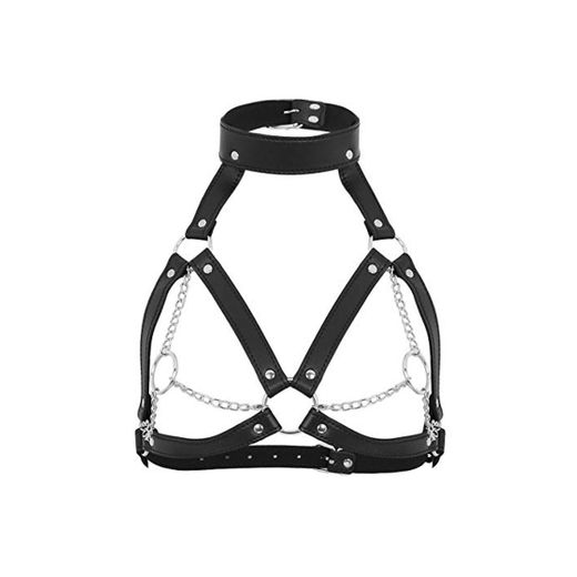 iiniim Arnés de Pecho Cuerpo Mujer Arnés Jaula de PU Cuero Bralette Correa Hebillas Ajustabl con Anillos Cadena Metal Tirantes de Leather Cinturón Estilo Steampunk Goth Negro Talla Unica