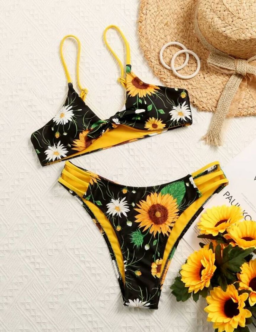 Fashion Bañador bikini con nudo delantero con estampado de girasol 