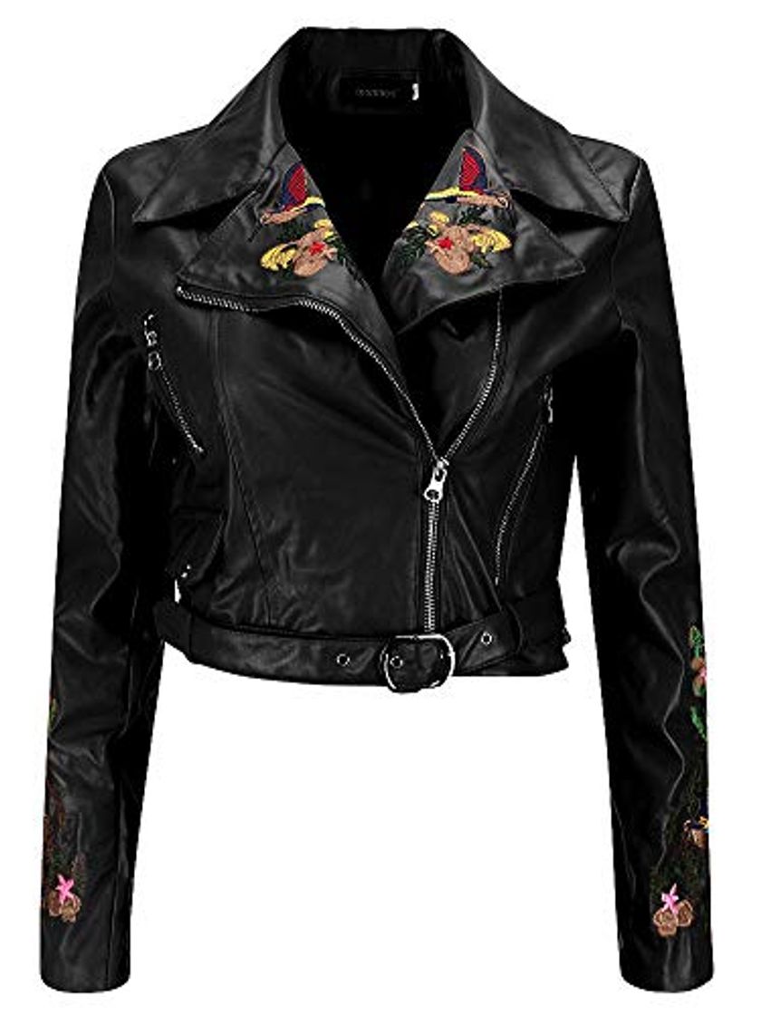 Social Piel Sintética Cuero del Faux Flor Flores Bordados Asimétrico Wrap Cuello Moto Biker Motorbike Jacket Cazadora Chaqueta Chamarra Corta Corto Top Cremallera Zipper Delantera Negro S