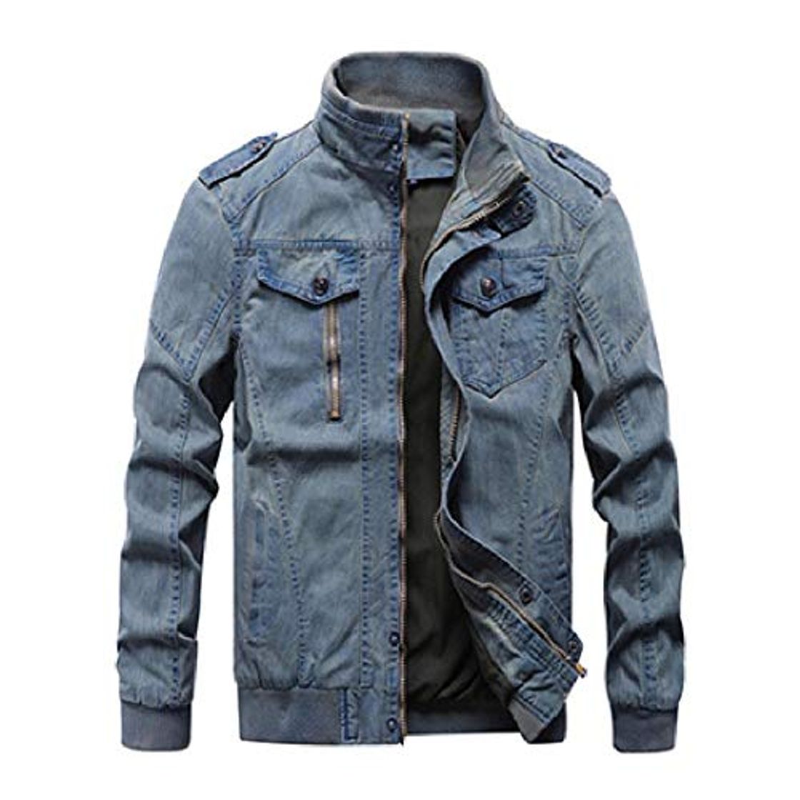 Social NOBRAND Chamarra de Mezclilla Militar Vintage para Hombre Marca Bomber chamarras Hombre Big Stand Cuello Slim Fit Azul Azul 3XL