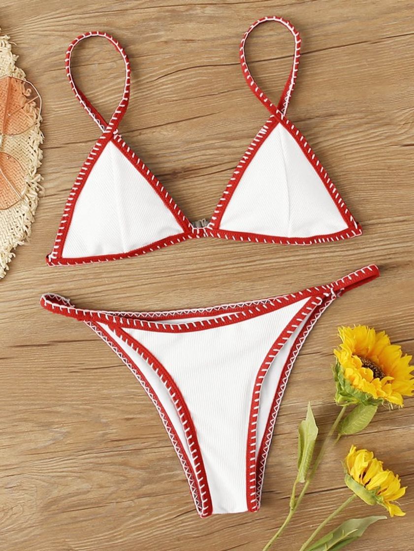 Moda Rib Whip Stitch Triangle Tanga Bikini - SHEIN