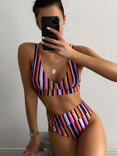 Striped High Waisted Bikini 