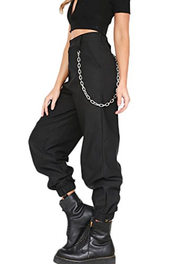 Social YACUN Mujer Casual Pantalones Cargo Pantalon Hip Hop Jogger con Cadena Danza Streetwear Boyfriend Harem Black L