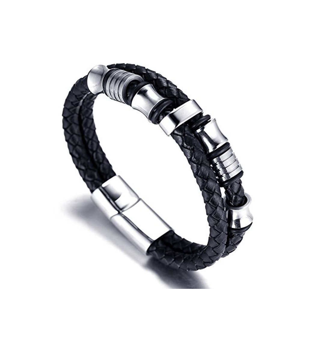 Producto Halukakah ● Solo ● Pulsera Hombre Cuero Genuina con Cuentas Titanio Acero