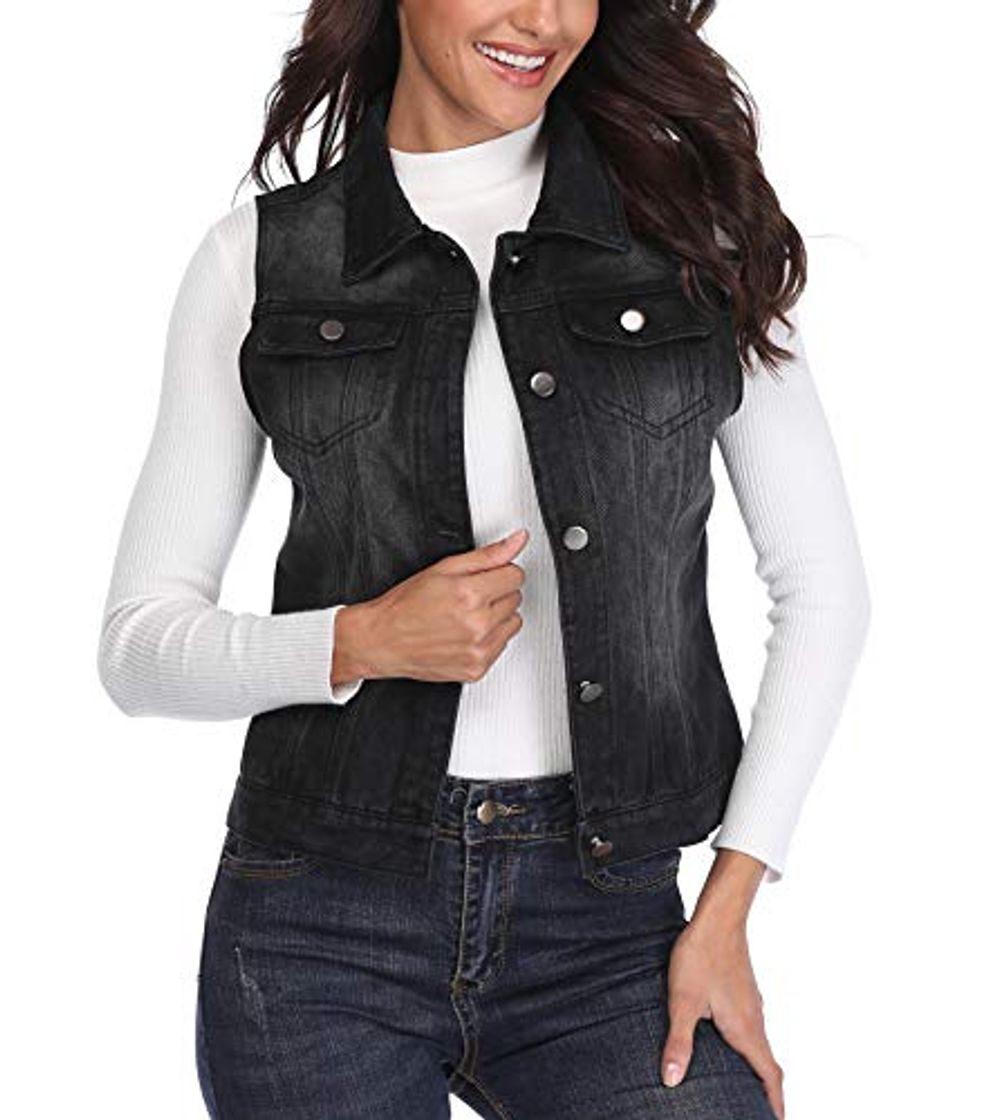 Social Chaqueta Mezclilla de Mujer Chaleco Jean Negro Bolsillos Occidentales con Botones de