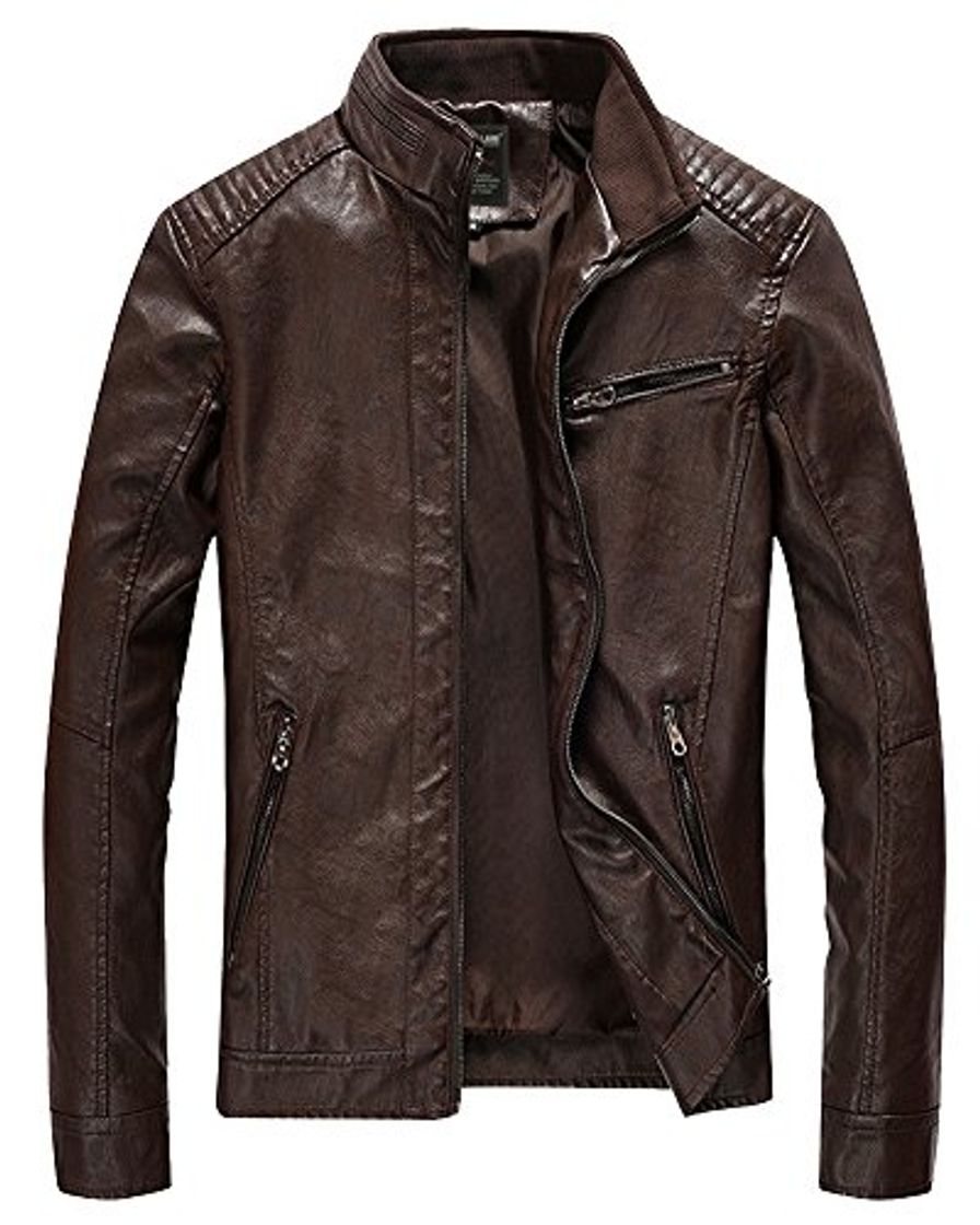 Moda DianShao Chaqueta De Motorista De Pu Cuero De Hombres Manga Larga Casual Chaqueta Café 2XL