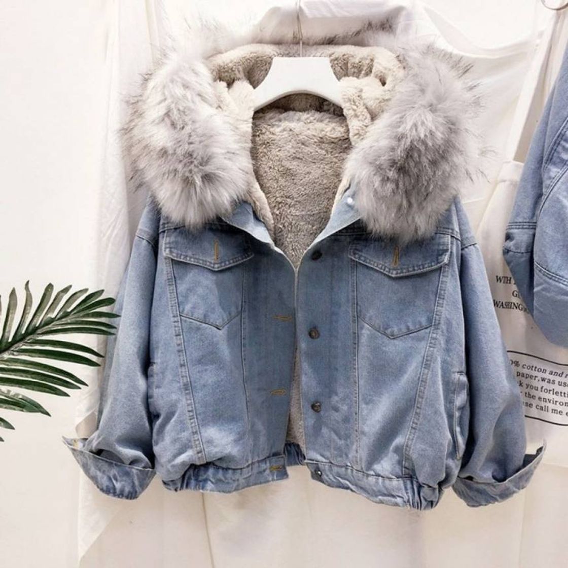 Moda  Velvet Thick Locomotive Lamb Short Big Fur Collar Denim Jac