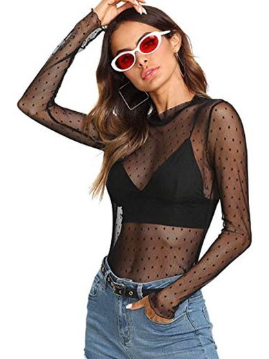 SOLY HUX Mujer Transparente Mangas Largas Camiseta Blusa Elegante Moda Oficina Casual