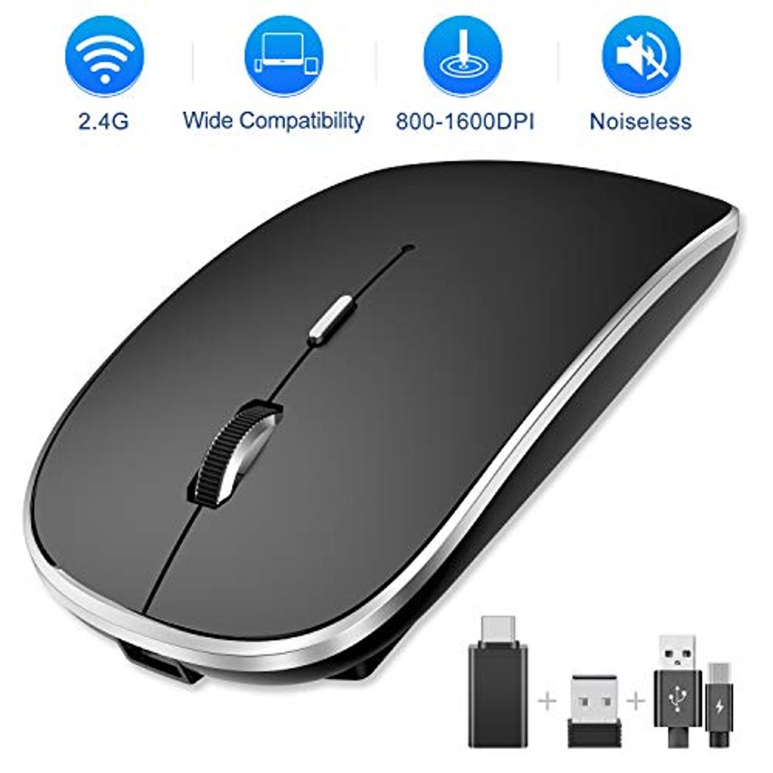 Social SEZAC Ratón Inalámbrico Recargable, 2.4G Ratón óptico Silencioso Click Mini con 3