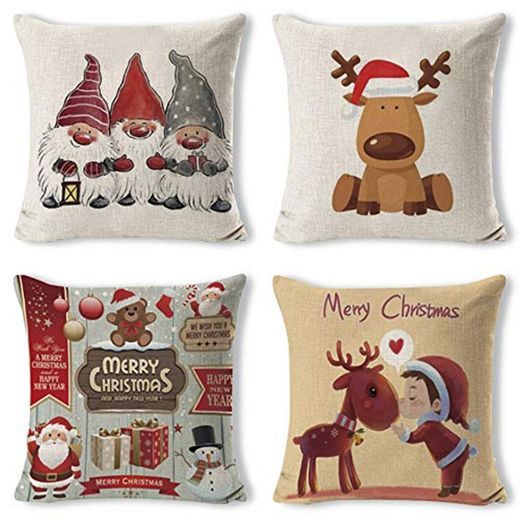 Gudotra 4 pcs Funda de Almohada de Santa Claus de Algodón de