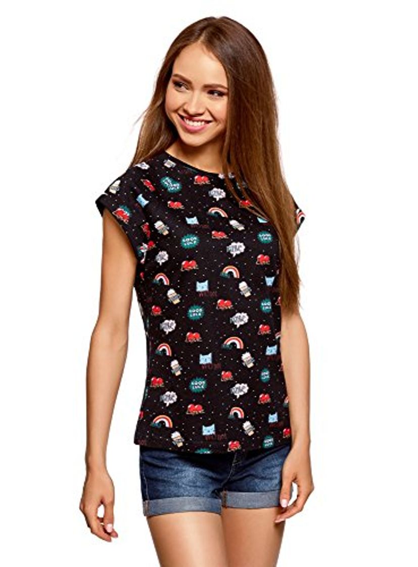 Producto oodji Ultra Mujer Camiseta Estampada de Algodón, Negro, ES 40