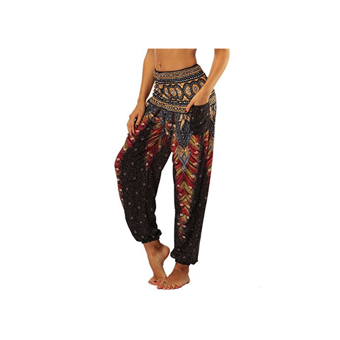 Product Nuofengkudu Mujer Pantalones Hippies Tailandeses Estampado Verano Cintura Alta Elastica con Bolsillos