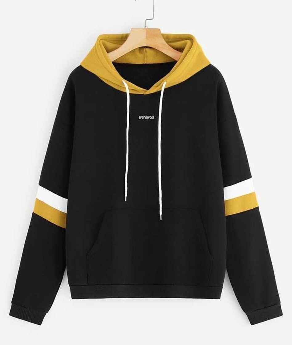 Moda Letter Embroidery Drawstring Contrast Hoodie