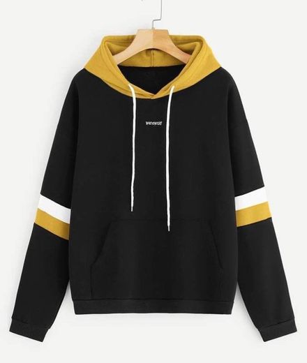 Letter Embroidery Drawstring Contrast Hoodie