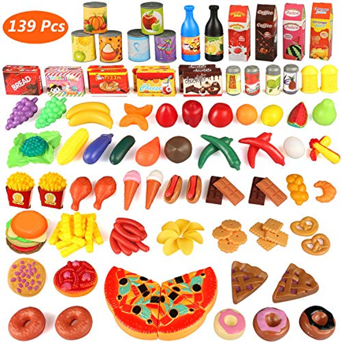 Social joylink 139pcs de Juguetes Cortar Frutas Verduras Pizza Juego de Plástico para Niños Juguetes Temprano Eeducativos Set de Alimentos de Corte Juguete del Bebé