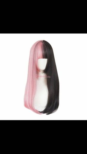 Pink and Black Lolita Wig 60cm Long Straight Cosplay Wig with Bangs