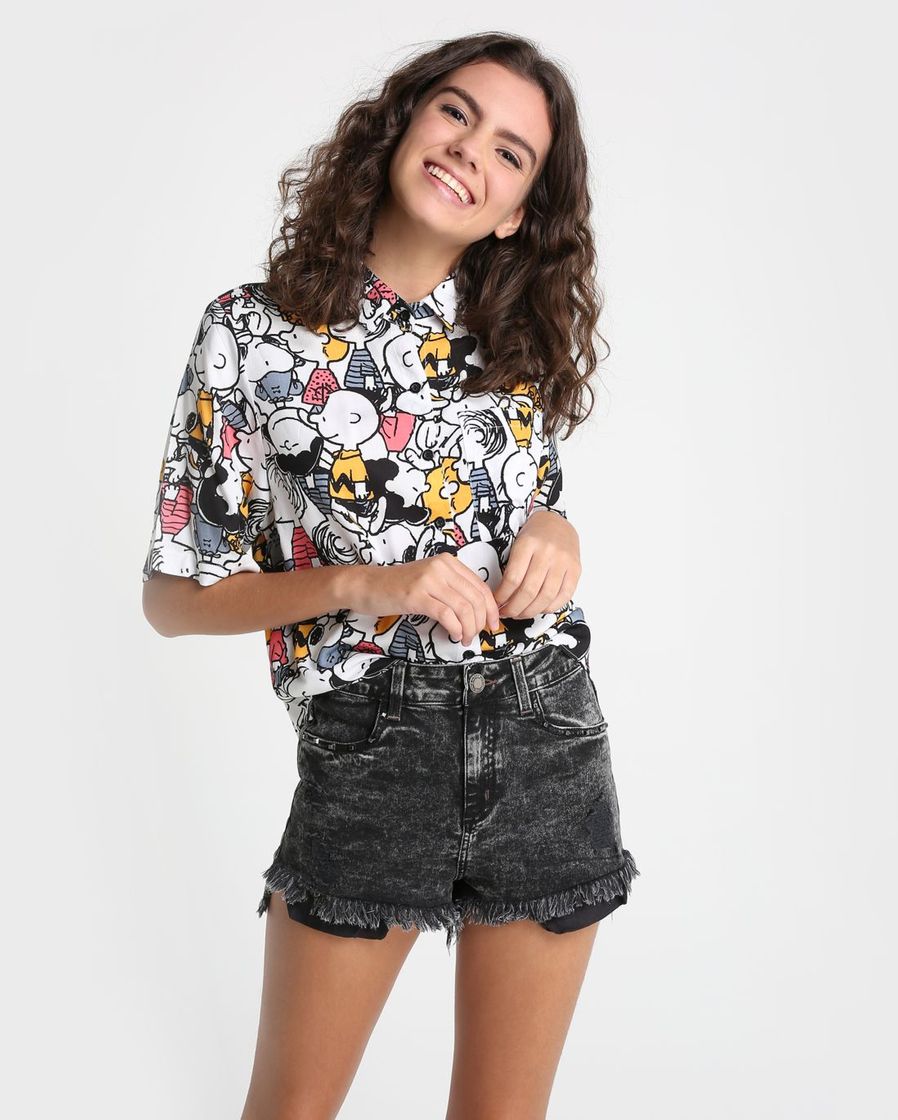 Moda Camisa Viscose Cropped Snoopy Branco 