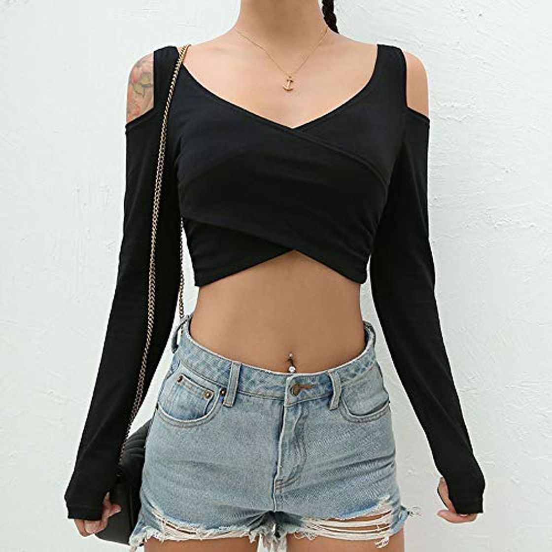 Social Blusa sin Mangas con Cuello en V y Manga Larga para Mujer