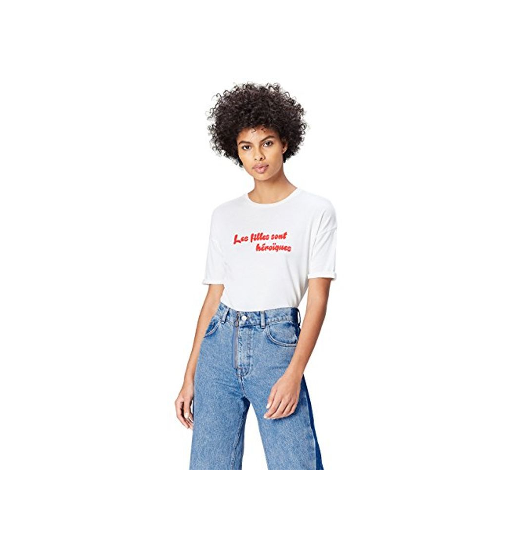 Fashion Marca Amazon - find. Camiseta con Mensaje con Cuello Redondo Mujer, Blanco