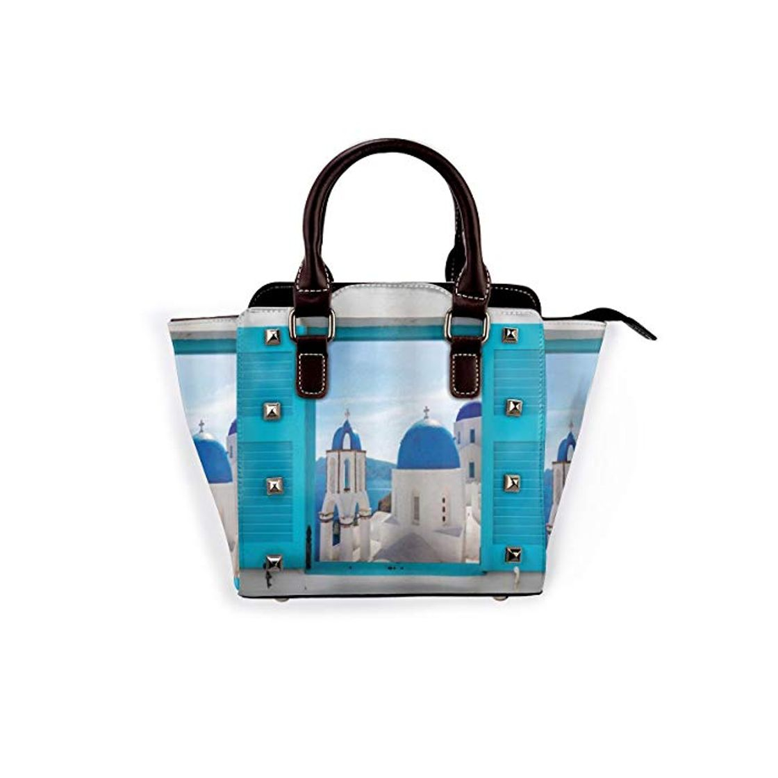 Moda BROWCIN Ventana de paisaje con vista del edificio clásico con cúpulas azules Oia Santorini Grecia Desmontable Moda Tendencia Bolso de las señoras Bolso de hombro