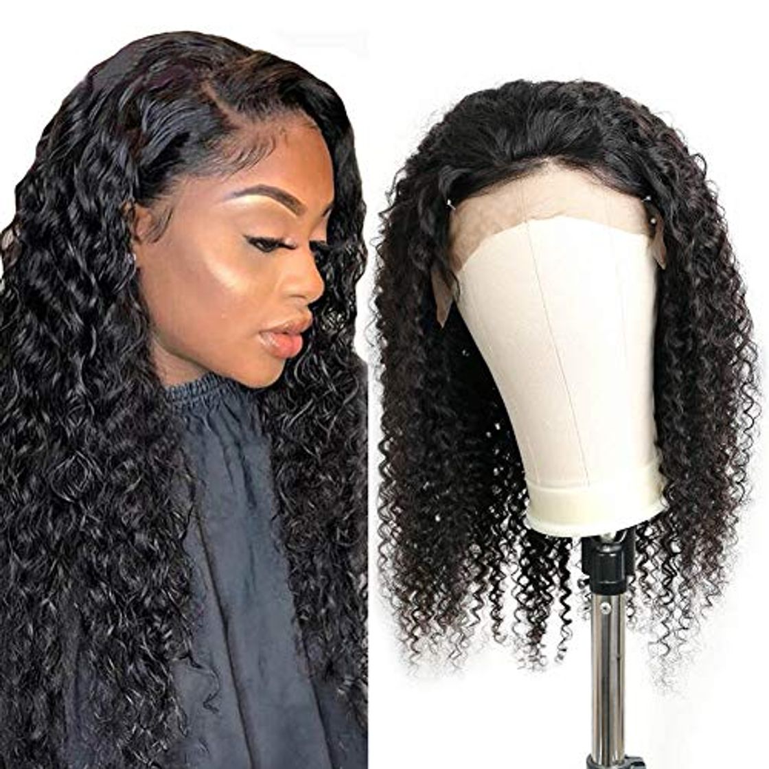 Producto Brazilian Lace Front Wigs Deep Kinky Curly Wave Human Hair Pre Plucked Natural Color Deep Curly Human Hair Wig 130% Density Pre Plucked with Adjustable Straps 16 inch