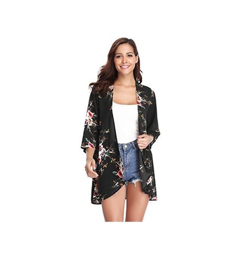 Aibrou Women's Floral Kimono Cardigans，3/4 Sleeve Tops Loose Floral Blouse Casual Boho