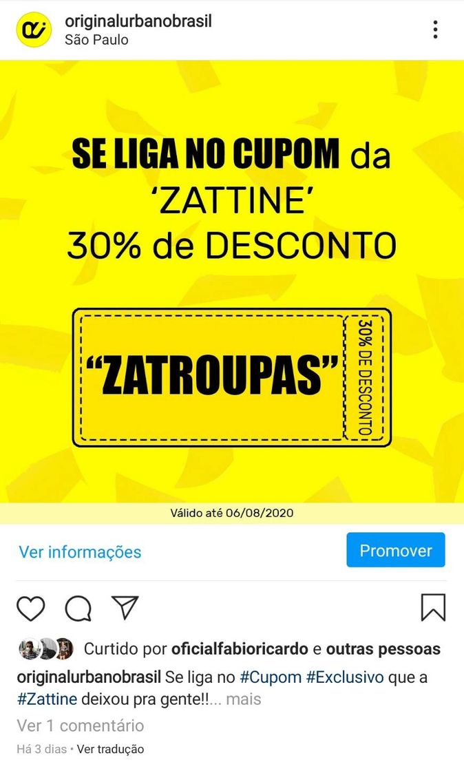 Productos Cupom de desconto ZATTINE 30%