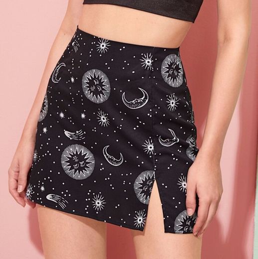 Moon & Sun Print High-Rise Mini Skirt | SHEIN USA