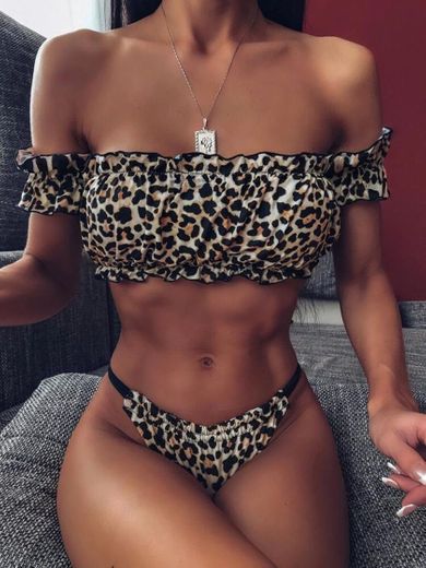 Leopard Frilled Trim Bardot Bikini Swimsuit
