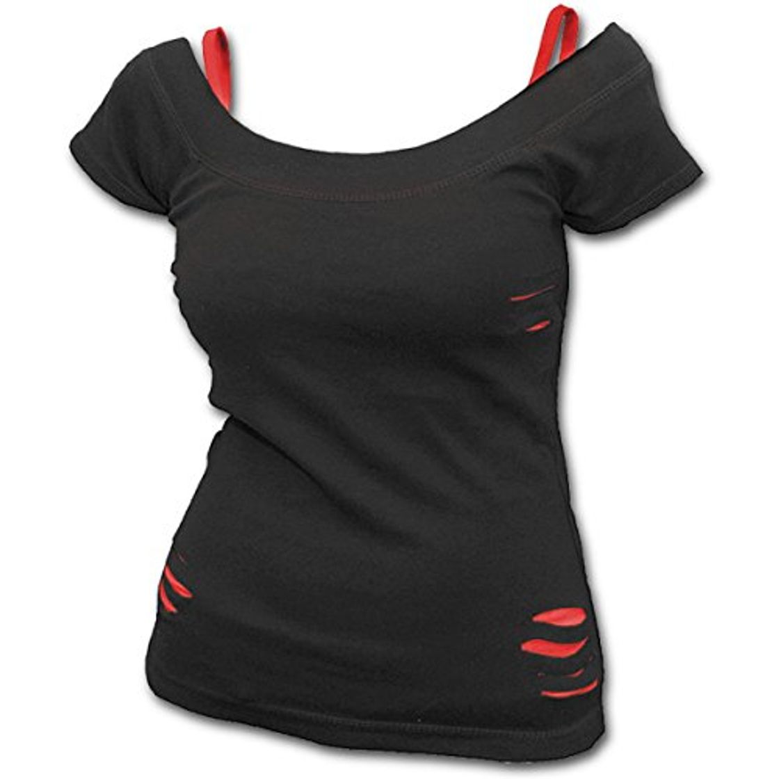 Producto Spiral Direct Urban Fashion-2in1 Red Ripped Top Black Camiseta, Negro