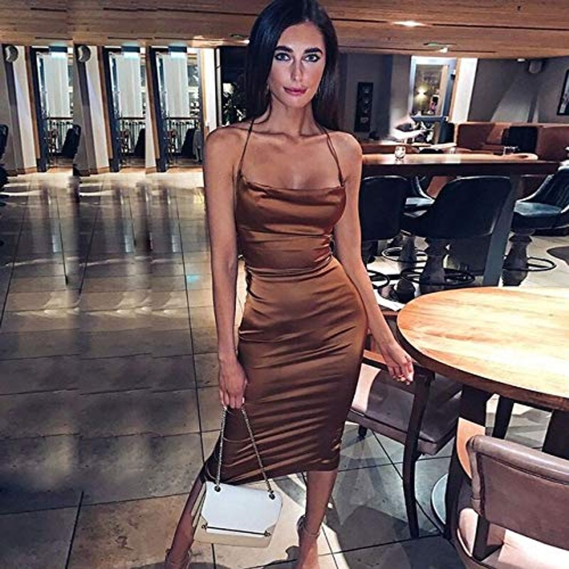 Product TSEINCE Satin Summer Women Midi Dress Sin Mangas Sin Respaldo Elegante Vestidos de Fiesta Club Wear Ladies Strap s L Brown