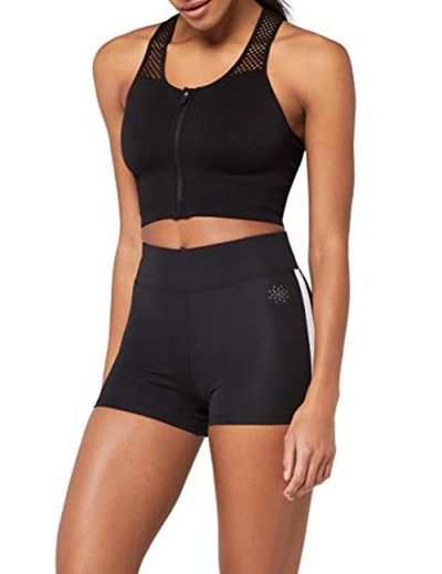Marca Amazon - AURIQUE Shorts de Deporte con Banda Lateral Mujer, Negro