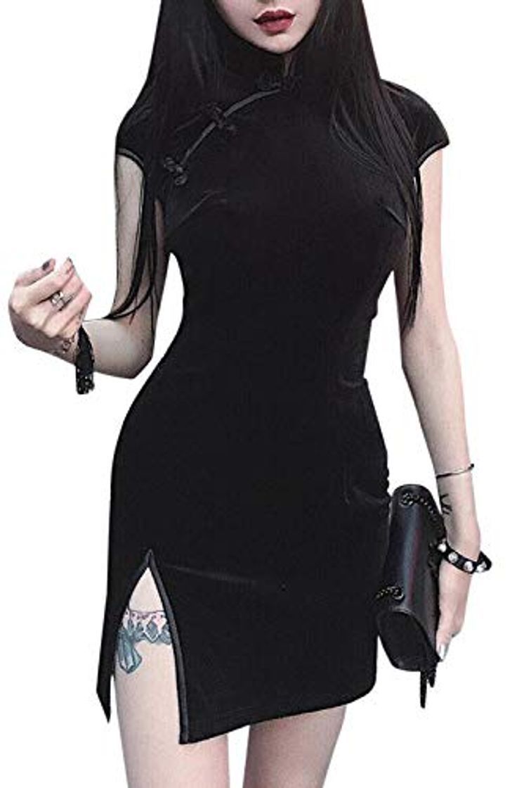 Producto Mujeres Sexy Cheongsam Manga Corta Bodycon Vestido De Terciopelo Mejorado Ropa China Negro S