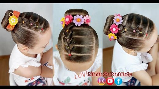 Penteado Infantil com trança falsa e coque rosquinha / Bun hairstyle ...