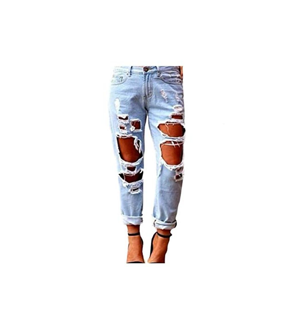 Moda Zonsaoja Mujer Vaqueros Agujero Rotos Casual Suelto Denim Pantalones Jeans Lightblue S