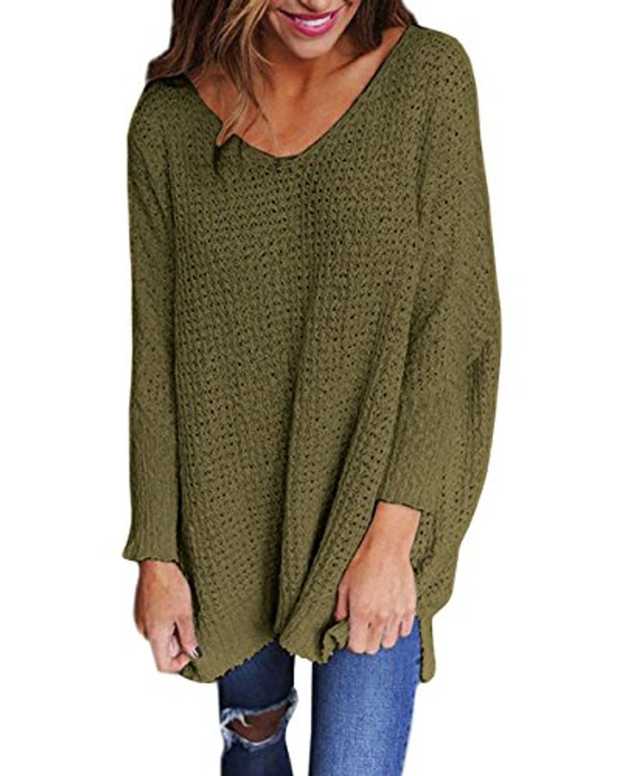 Producto Jerseys de Punto Mujer Sueter Tejido Señora Suéter Mujeres Jersey Oversize Largo Sweaters Largos Sueteres Tejidos Dama Pullover Sweater para Damas Jerséis Ancho Tejer Sueter Cuello en V Verde XL