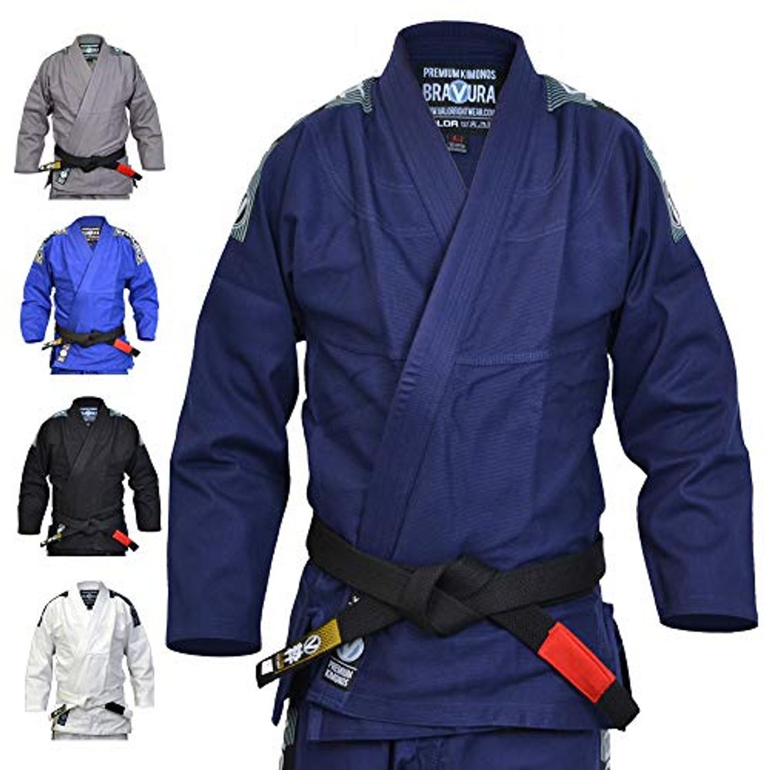 Product Valor Bravura Kimono BJJ GI color azul marino con cinturón blanco de